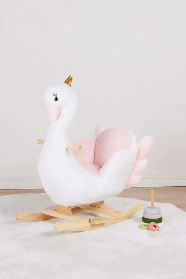 Cloudberry Castle gungdjur i form av en vit svan med rosa vingar på medar i trä