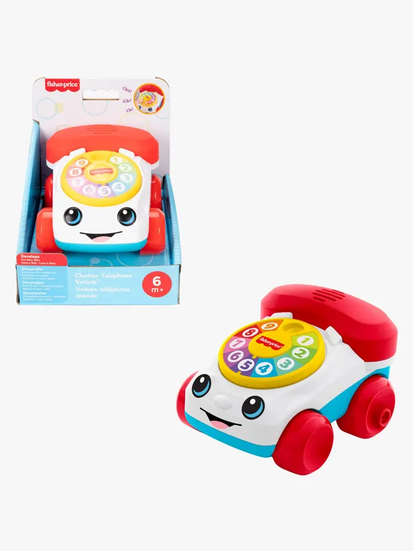 Fisher-Price dragleksak i form av en röd och vit telefon med ögon och sifferskiva